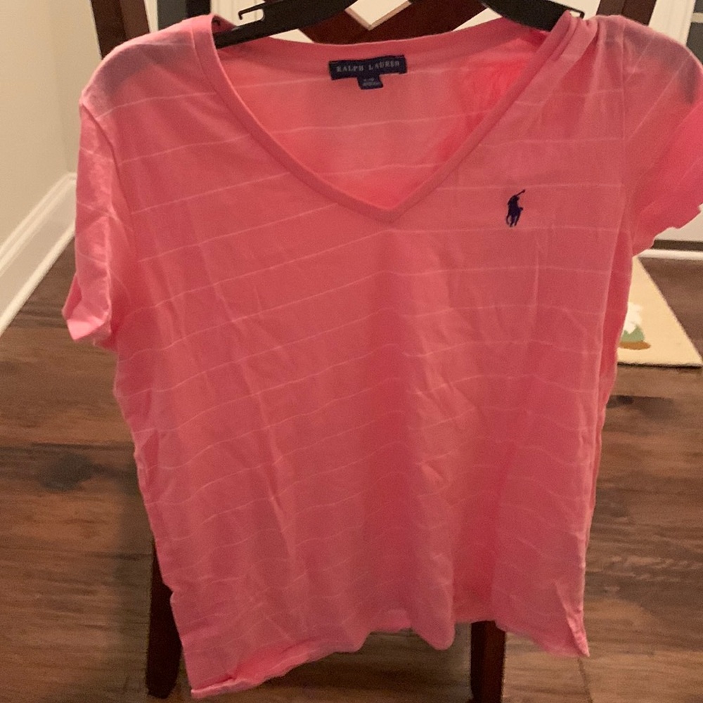 Pink with white stripes Ralph Lauren women’s short sleeve shirt
